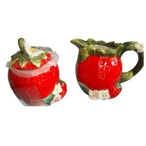 Strawberry Creamer Pitcher And Sugar Bowl With Lid By Corner Ruby. BRAND NEW